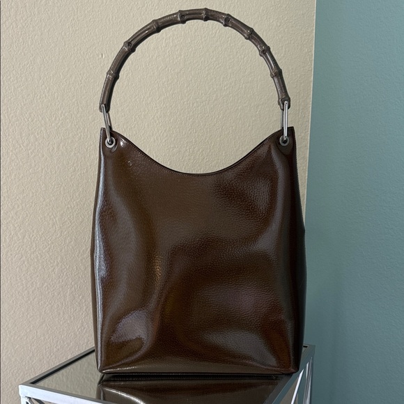 Gucci Handbags - Gucci Dark Brown Patent Leather Bamboo Handle Hobo Bag Tom Ford